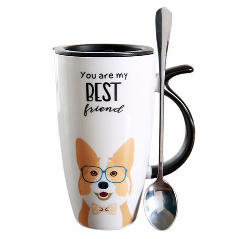 Cute Dog Style Ceramic Mugs with Lid and Spoon